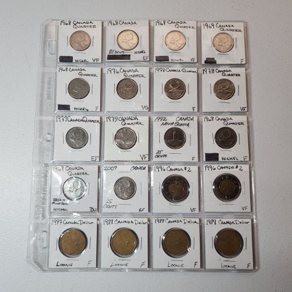 Binder Page of Assorted Years Canadian Quarters, $2 Coins, & $1 Coins