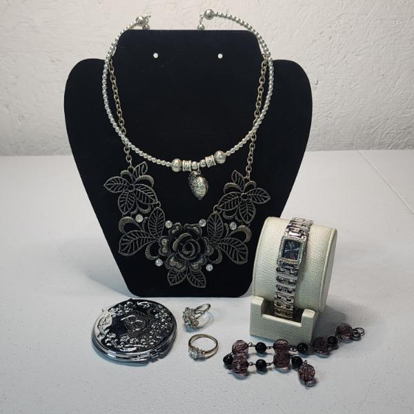 Lot of Assorted Silver-Tone Jewelry Items & "B" Compact Mirror