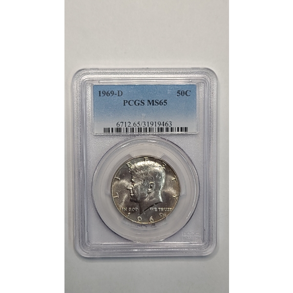 PCGS 1969-D MS65 40% Silver Kennedy Half Dollar 