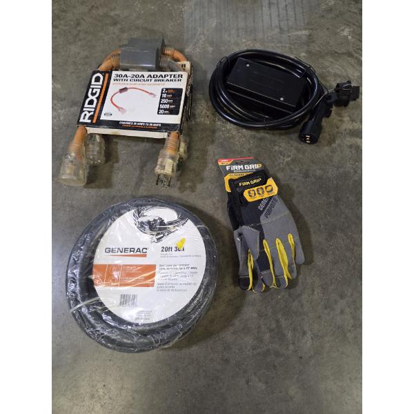 New- 20ft 30A Generator Cord, 2 Ridged 30A-20A Adaptor With Circuit Breaker Cords, Gloves & More!