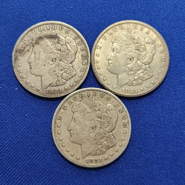 Three 1921-S Silver Morgan Dollars - 90% Silver U.S. Coins 