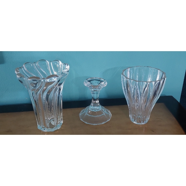 3 Pc Crystal Glass Vase & Candle Holder  15" As Shown