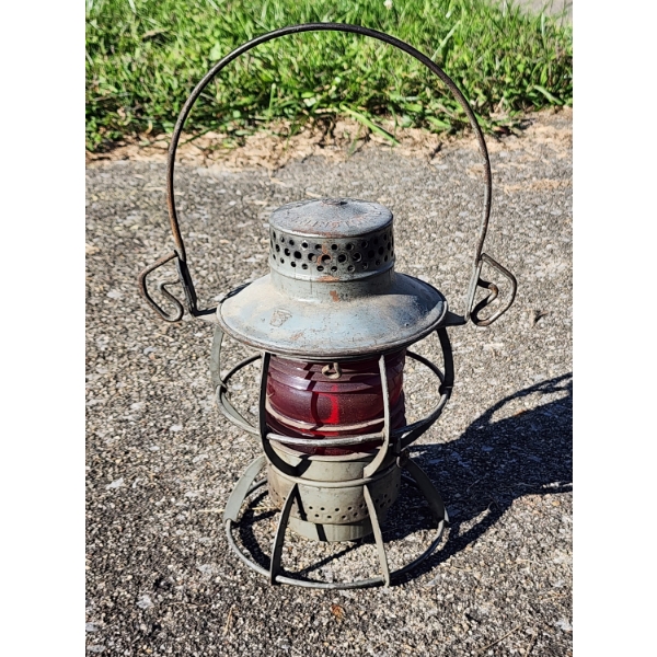 Vintage 14" Dressel Arlington, N.J. Railroad Oil Lantern W/ Magnificent Red Fresnel Glass Globe