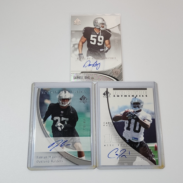 Three Upper Deck Oakland Raiders AUTOGRAPHED & NUMBERED Rookie Authentics Football Trading Cards