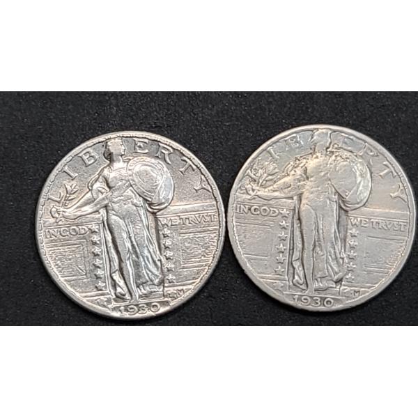 (2) 1930 90% Silver Standing Liberty Quarters - Face Value: $0.50