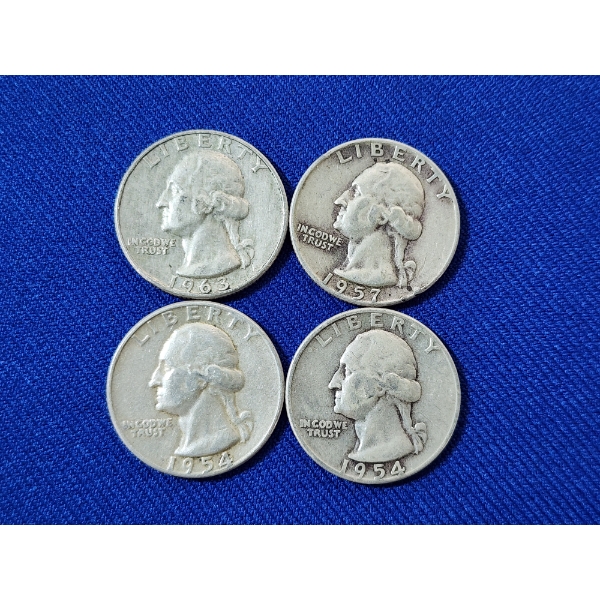x4 Assorted Years U.S. 90% Silver Washington Quarters FV: $1.00