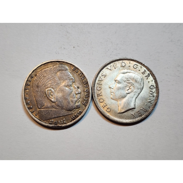 1936 Germany Third Reich 5 Coin ASW: 0.4016 oz & 1937 Great Britain 2 Schillings Coin Silver (.500)