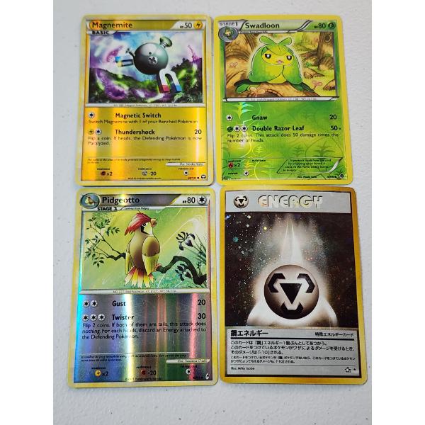 x4 Vintage Holo Pokemon Trading Cards: Magnemite, Swadloon, Pidgeotto, Energy