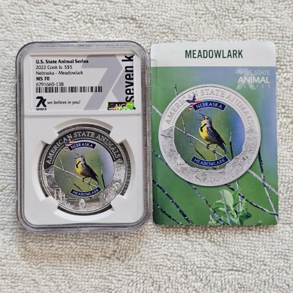 2022 Cook Islands 99.9% Silver Nebraska Meadowlark $5 Coin certified by the NGC with a Grade of MS70