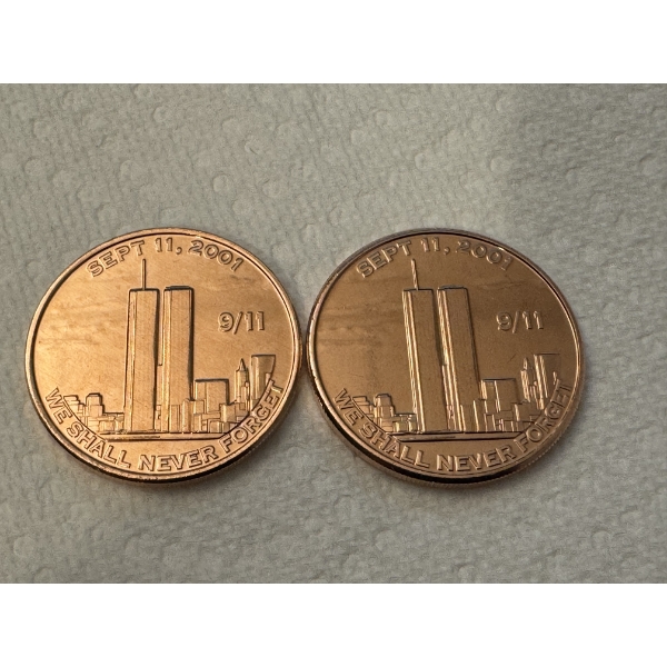 2 - Twin Towers 9-11" We Shall Never Forget" - .999 Fine Copper Troy Ounce Coins - Mint