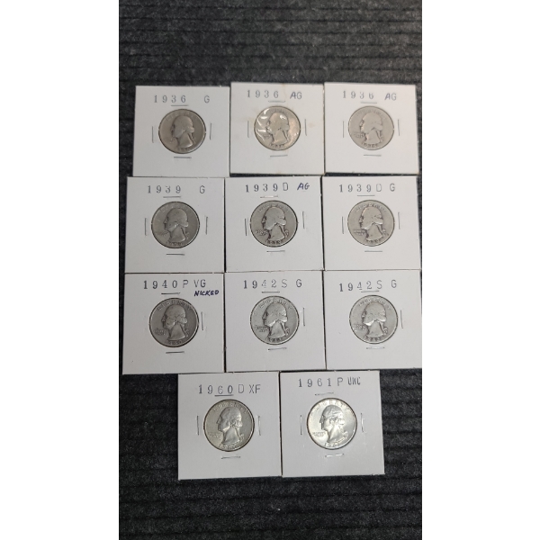 (11) Assorted Years 90% Silver Washington Quarters Face Value: $2.75