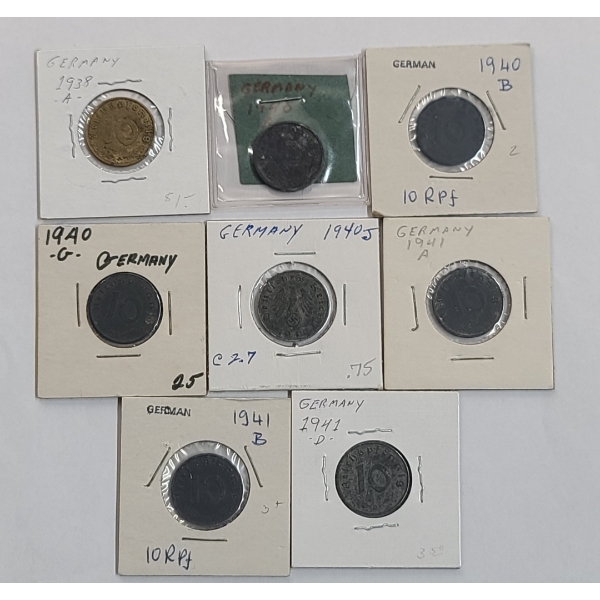 (8) Asssorted World War II Era German Reichspfennig Coins