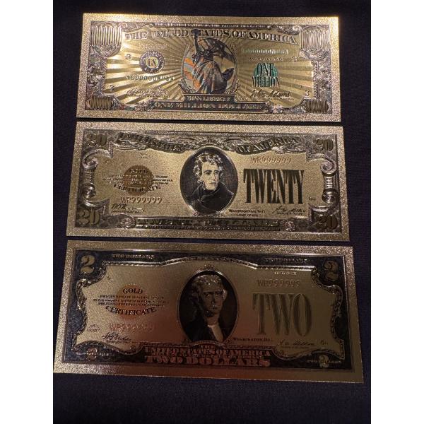 3 - 24K Gold US Gold Certificate Bills - Million, $20 & $2 Bills - Mint Condition