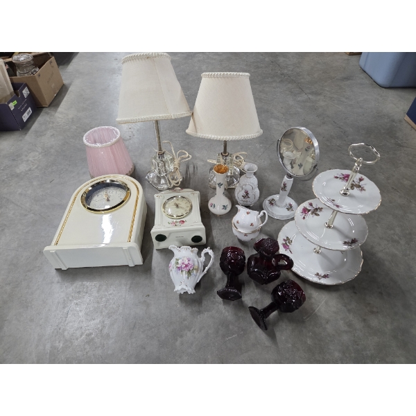 Pair Of Glass Vintage Lamps, Ceramic Mirror, Table Clocks, Vases And More!