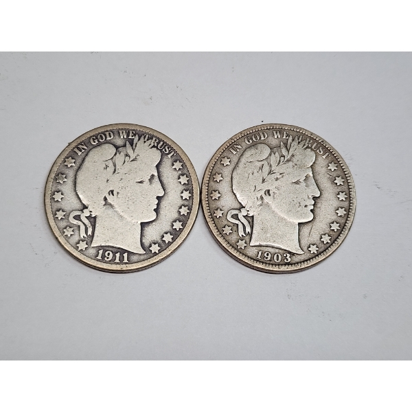 Two U.S. Barber Half Dollars: 1903 & 1911-S - 90% Silver - FV: $1.00