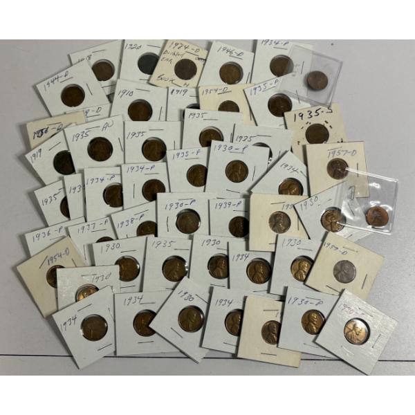 Lot of 50 Assorted Year Pennies, Including Wheat and Copper, FV $.50