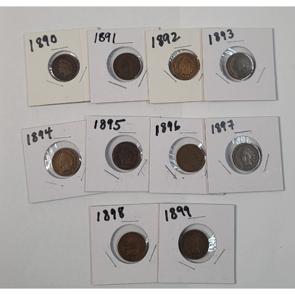 Lot Of (10) United States Indian Head Cents - Years 1890-1899