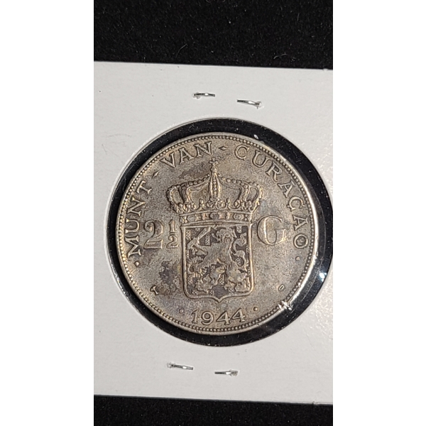 1944-D Curacao 2 1/2 Gulden 72% Silver Coin - ASW: 0.5787oz