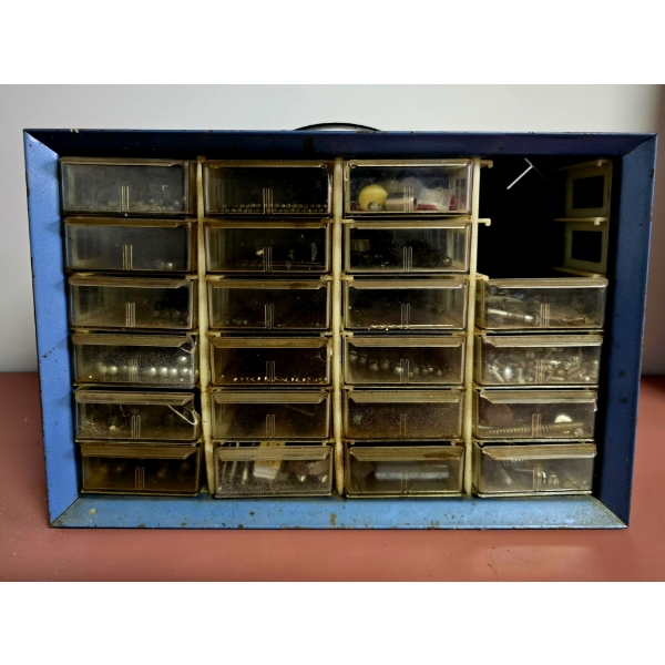 22 Drawer Organizer Mostly Full of Various Size Drill Bits and More