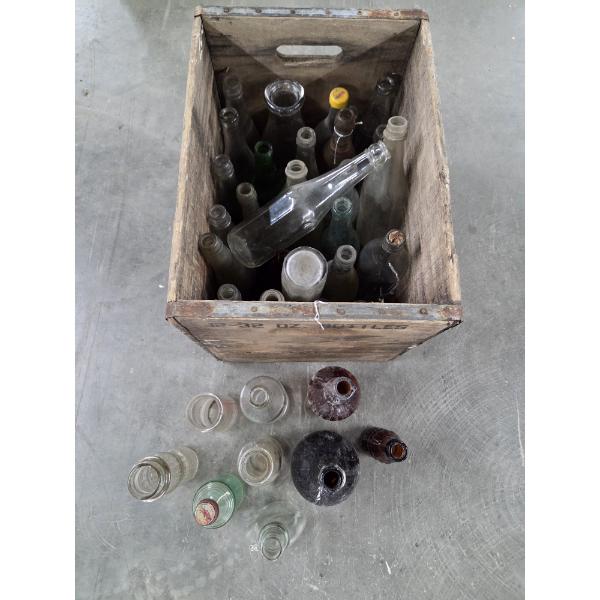 Heavy Duty Solid Wood Vintage 12''x17''x13'' Crate And Interesting Vintage Bottle Collection 