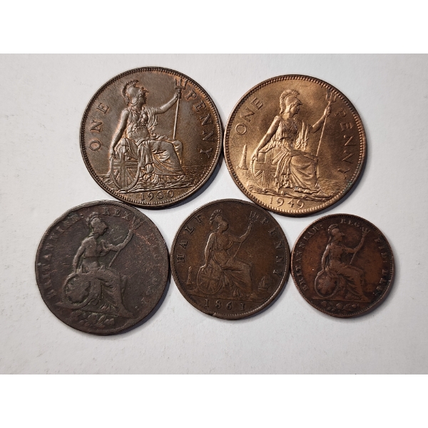 Five Assorted Older Vintage British Coins Including Pre-1900 Coins - One Penny, Half Penny & MORE!