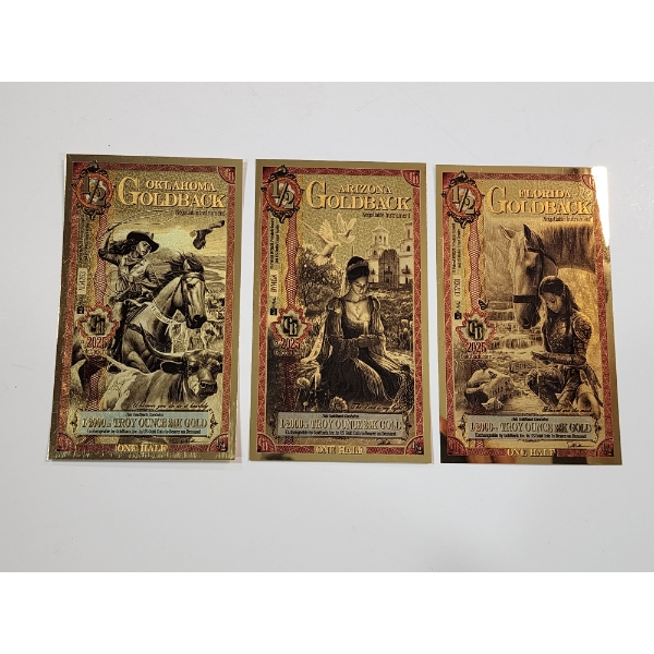 (3) 1/2 Goldback Notes: Oklahoma, Arizona, Florida - Each 1/2000th Troy Ounce 24K Gold