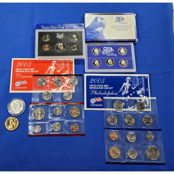 Assorted U.S. Proof Sets, Uncirculated Sets, 1889 Morgan Silver Dollar, Jefferson Indian Peace Medal
