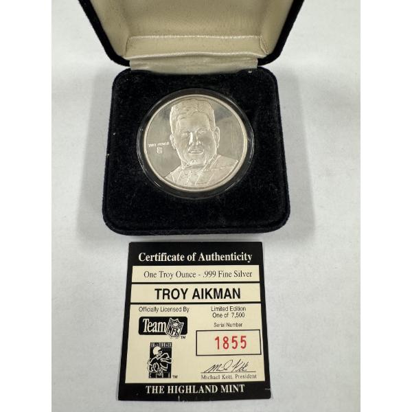 Dallas Cowboys Troy Aikman One Troy Ounce .999 Fine Silver Coin - Mint Condition