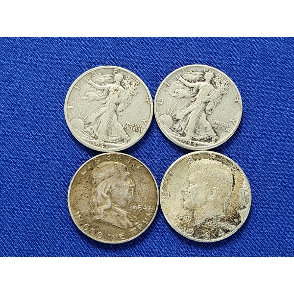 x4 Assorted U.S. 90% Silver Half Dollars: 1943 & 1944 Walking Liberty, 1964 Kennedy, 1954 Franklin