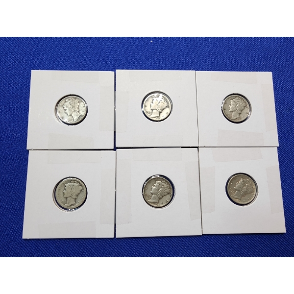 6 Silver Mercury Dimes Assorted Years FV: $0.60