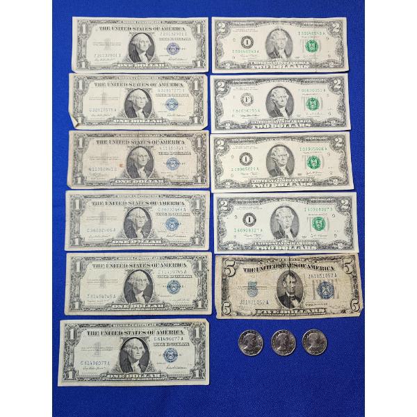 (6) Silver Certificates, (4) $2 Bills, (1) 1934 A $5 Bill, (3) 1979 Susan B. Anthony Dollars FV: $22