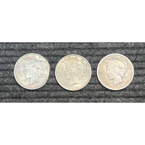 Lot of 3 Peace Dollars.  1922, 1922, and 1926.