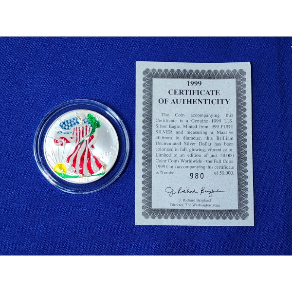 1999 Uncirculated American Silver Eagle 1 oz .999 Fine Silver Colorized in Capsule w/ COA