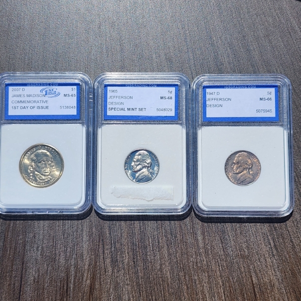 Three U.S. IGS Graded Coins - Presidential Dollar, Jefferson Nickels - See Description & Photos! 