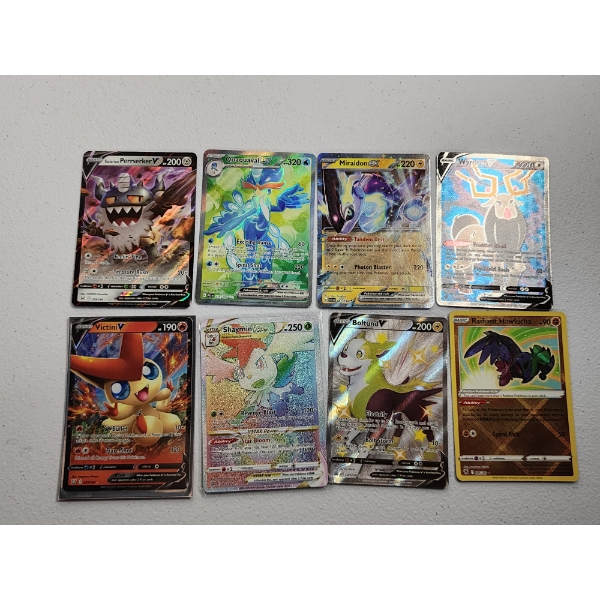 8 Pokemon Trading Cards ft. Galarian Perrserker V, Miraidon ex and Radiant Hawlucha Radiant Rare