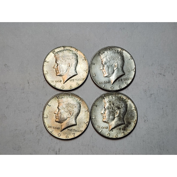 Lot of 4 Kennedy Half Dollars 40% Silver x2 1966, 1967, 1968-D FV: $2.00