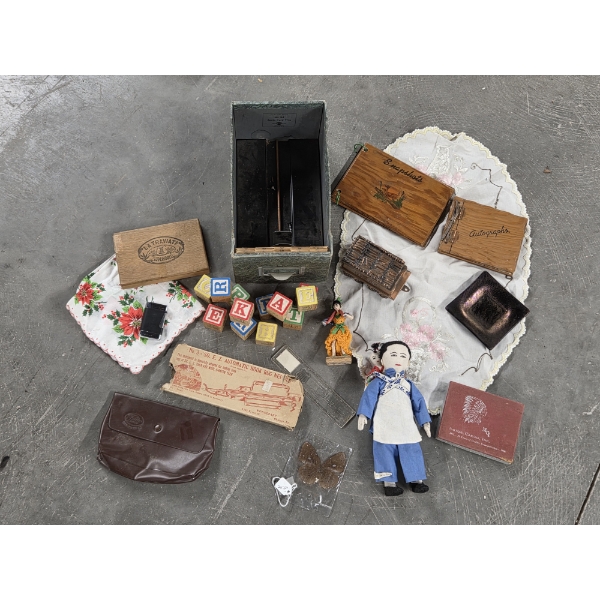 Vintage Collectables Including Coin Bank, Blocks, Lighter, Handmade Dolls, Wood Cover Books & More