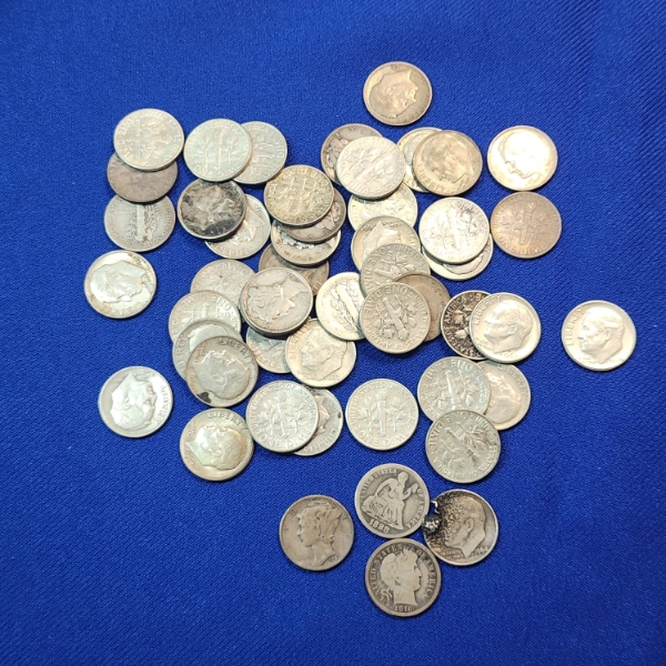 Lot of 50 Assorted Years 90% SILVER U.S. Dimes FV: $5.00