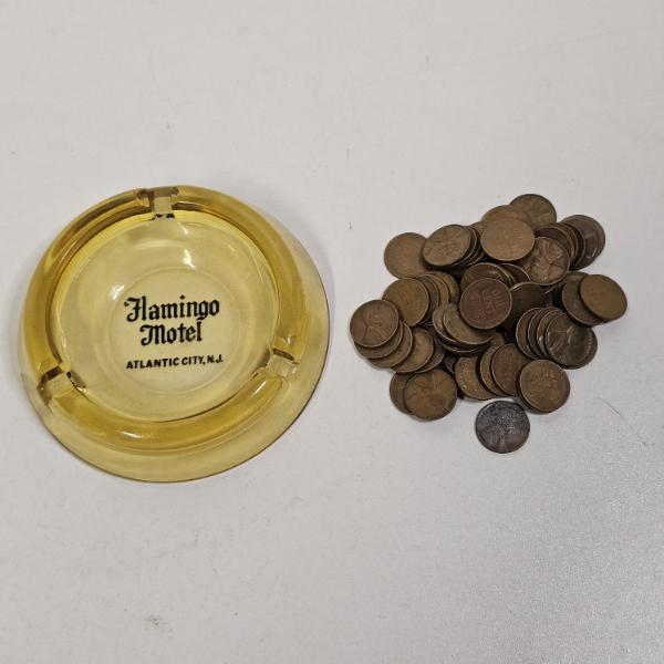 Vintage Flamingo Motel Atlantic City, NJ Glass Ashtray Full of Unsearched Wheat Pennies FV: $.71
