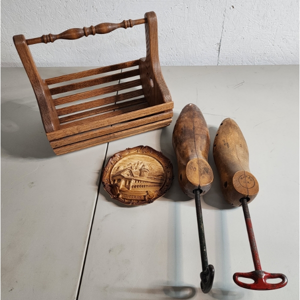 Vintage Wooden Slat Heart Cut-Out Basket, Carved Wall Plaque, Shoe Stretchers