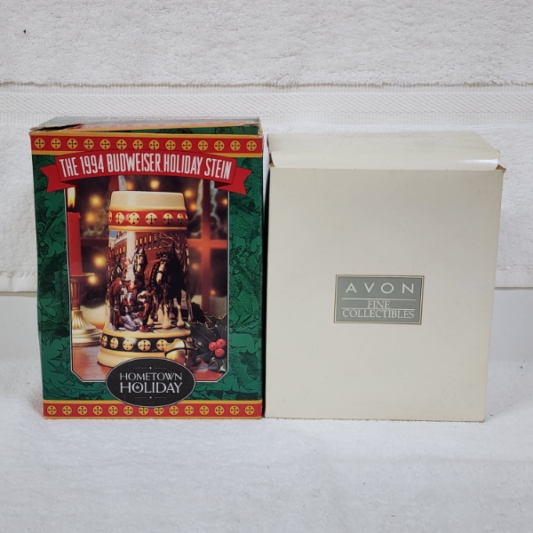 Two Like New in The Box Steins Ft. 1994 Budweiser Holiday Stein & AVON American Gray Wolf Stein