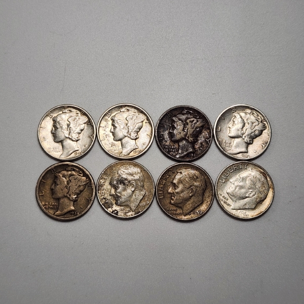 8 Assorted 90% Silver United States Dimes: Roosevelt & Mercury - Face Value: $0.80