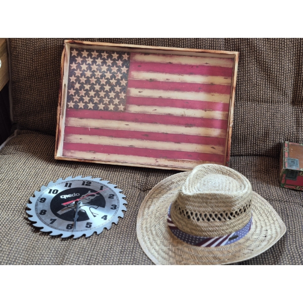 PICKUP IN CANTON - Patriotic Group As Shown - Hat, Wooden American Flag Tray - Wall Clock
