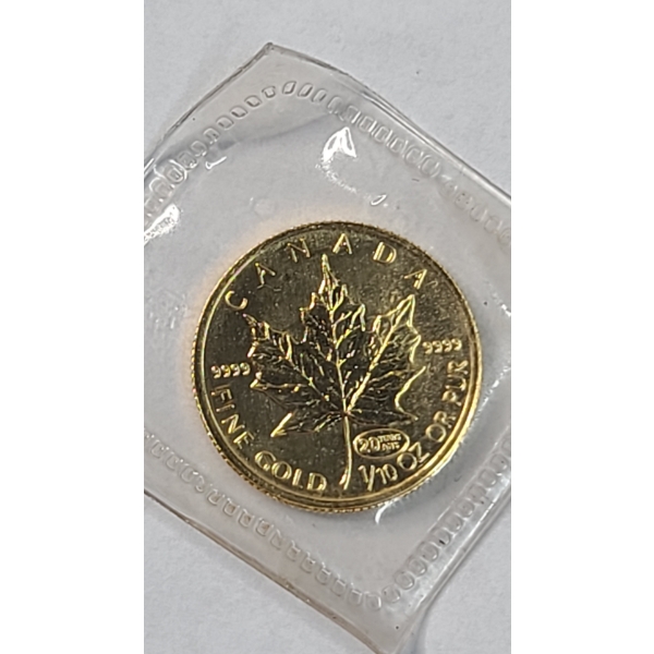 1999 Canada 1/10th Troy Oz .9999 Fine Gold Maple Leaf Coin With Special 20 Years Anniversary Privy