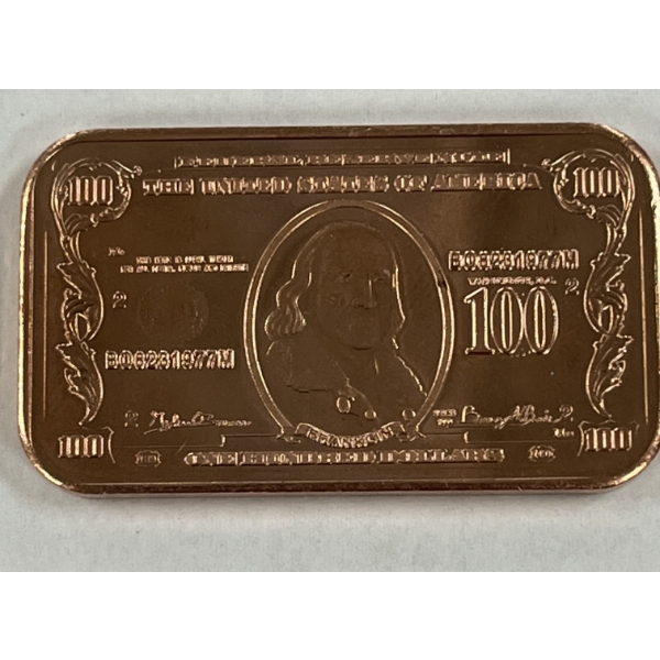 $100 Benjamin Franklin - 1AVDP .999 Copper Bar