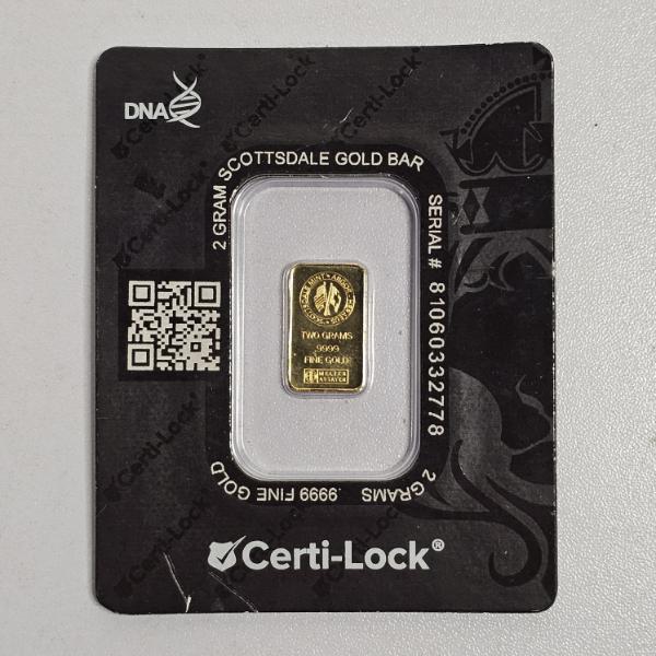 GOLD!!! Scottsdale Mint Argor-Heraeus 2 Gram 99.99% Pure Gold Bar - AGW: 0.0643 Troy Ounce