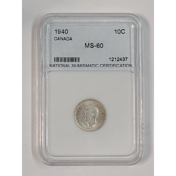 NNC MS60 1940 Canadian 10 Cent 80% Silver Coin 