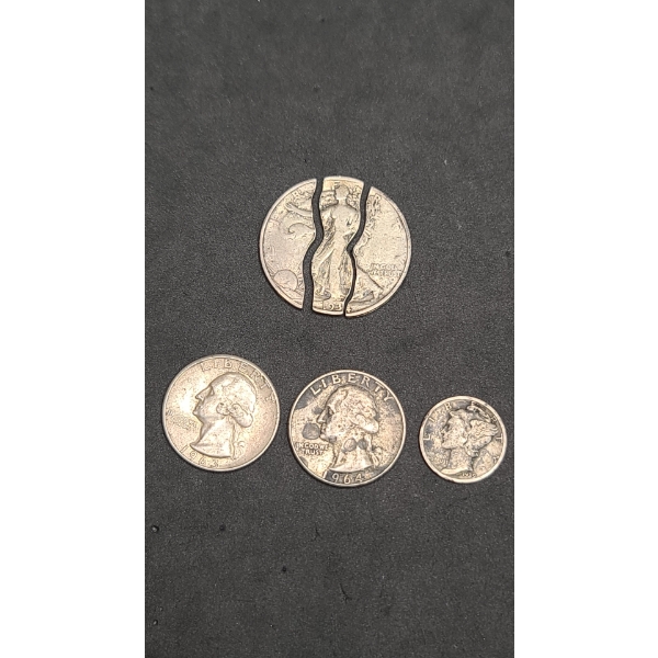 Assorted 90% Silver Washington Quarters, Mercury Dime & Cut Walking Liberty Half Dollar