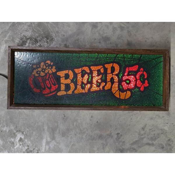 Great Condition Working, 6.5''x16.5'' Lighted Beer 5 Cents Sign. Can Be Hung On Wall Or Set On Table