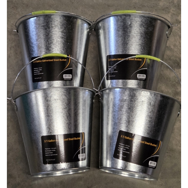 Four Brand New 2.1 Gallon Galvanized Steel Buckets With Handles